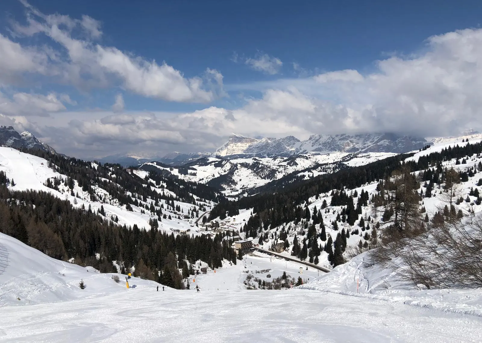 Panorama over een besneeuwd Alpendal